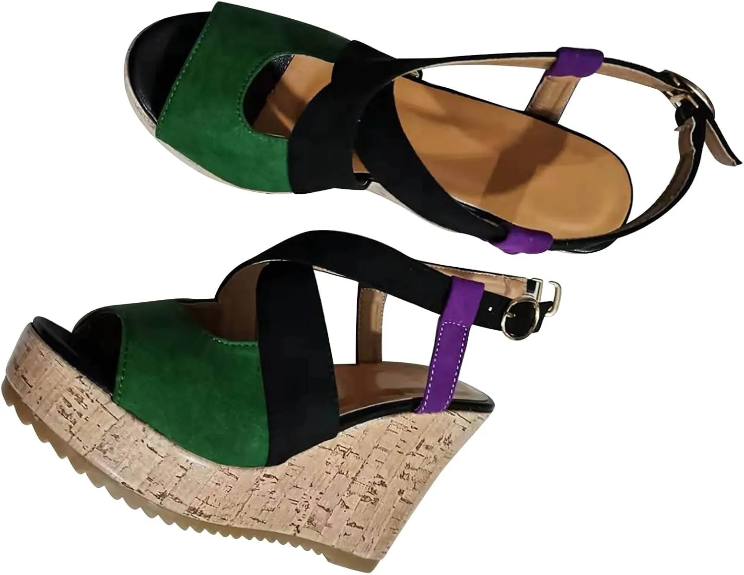 Peep Toe Wedge Sandals 2 Color Adjustable Ankle Strap Suede Crossband Heeled