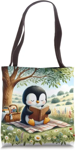 Penguin Reading Under Tree In Hilly Landscape. Hills Blanket Tote Bag