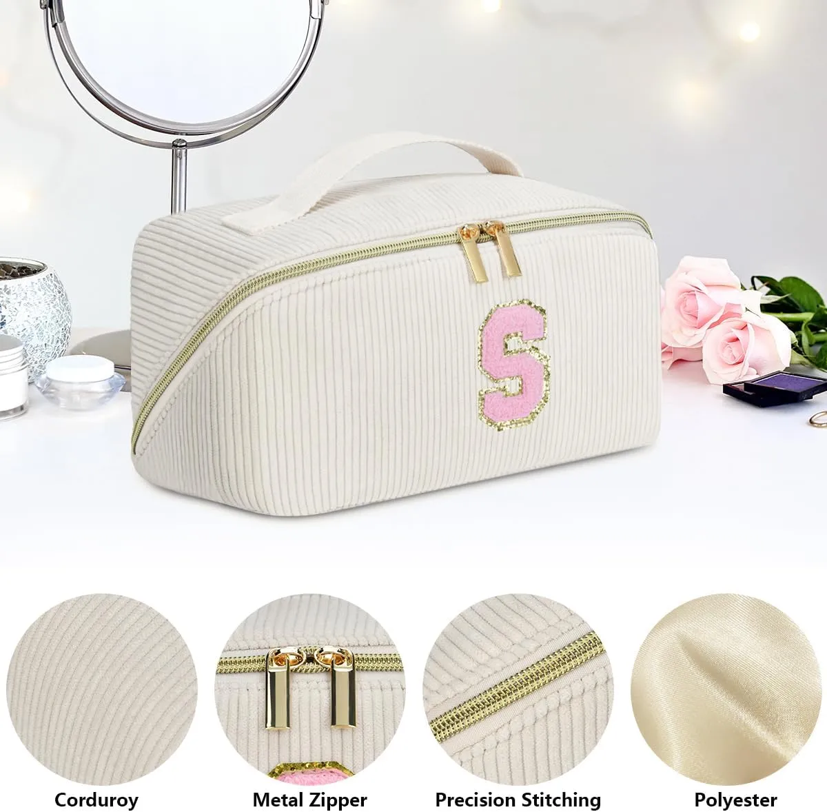 Personalized Initial Makeup Bag, Graduation Gift for Her Cosmetic Travel Bag Women, Large Capacity Stuff Bag Birthday Gifts for Teen Girl Gift Trendy Stuff - K