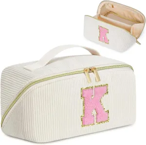 Personalized Initial Makeup Bag, Graduation Gift for Her Cosmetic Travel Bag Women, Large Capacity Stuff Bag Birthday Gifts for Teen Girl Gift Trendy Stuff - K