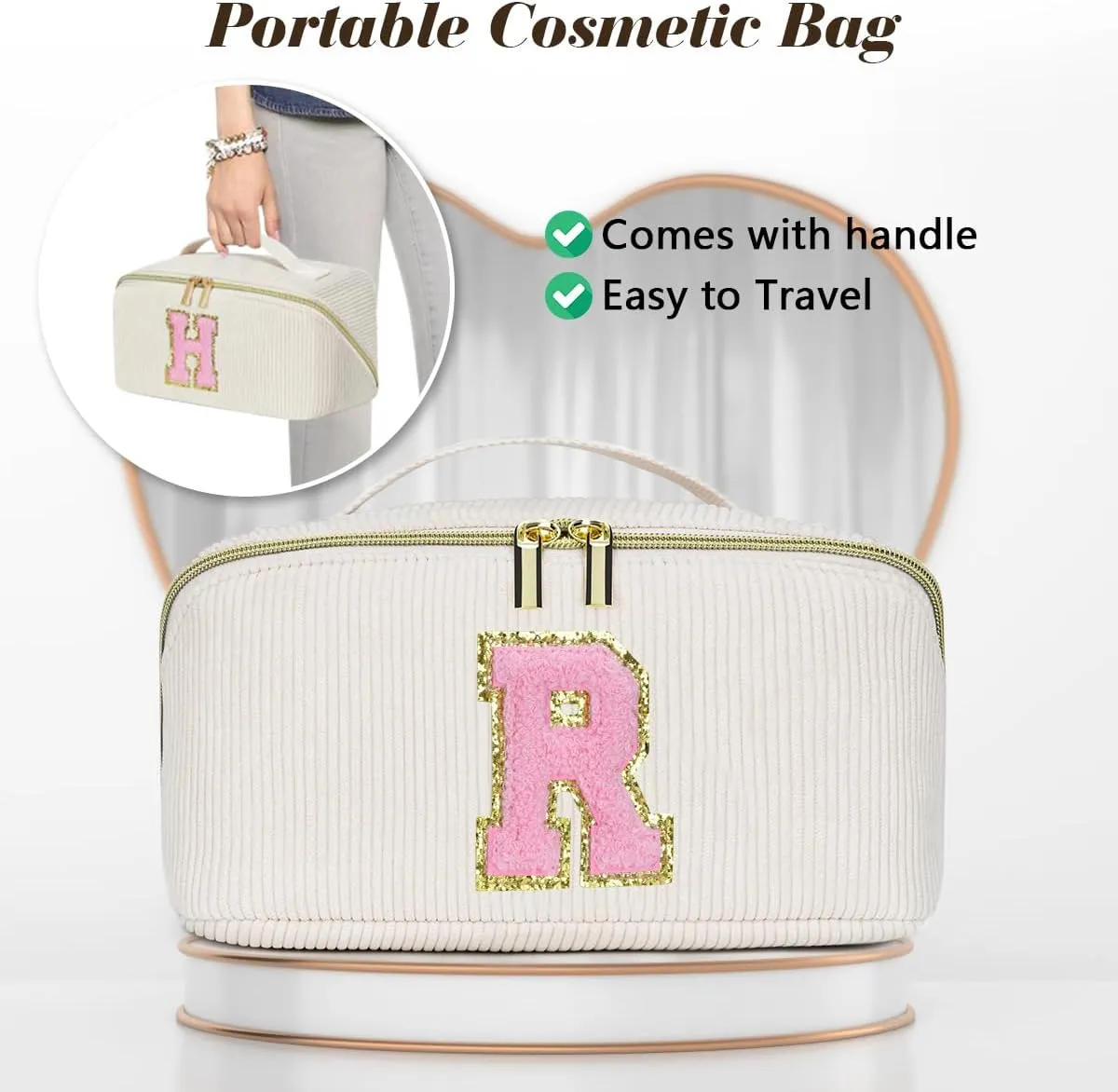 Personalized Initial Makeup Bag, Graduation Gift for Her Cosmetic Travel Bag Women, Large Capacity Stuff Bag Birthday Gifts for Teen Girl Gift Trendy Stuff - K