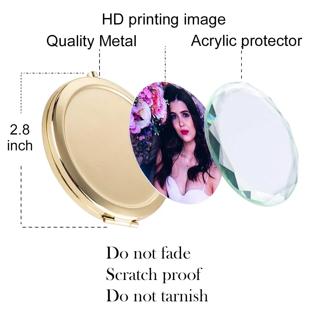 Personalized Photo Make-up Mirror Compact Custom Any Image Engraving text/Name Portable Travel Cosmetic Mirror Retro Gift for her (Golden)