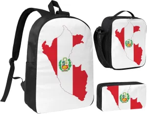 Peru Flag Map print Backpack Set Casual Shoulder Bag Lunch Bag Pen Pouch 3 in 1 Set 17inch for Women Men College