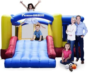 PicassoTiles 150pcs Fort Building Kit   Inflatable Bouncer   Camping Set, Indoor and Outdoor Castle System Tunnel Tent Rocket Pretend Play, Jumping Bouncing House, Camping Gear Tools Adventure Set