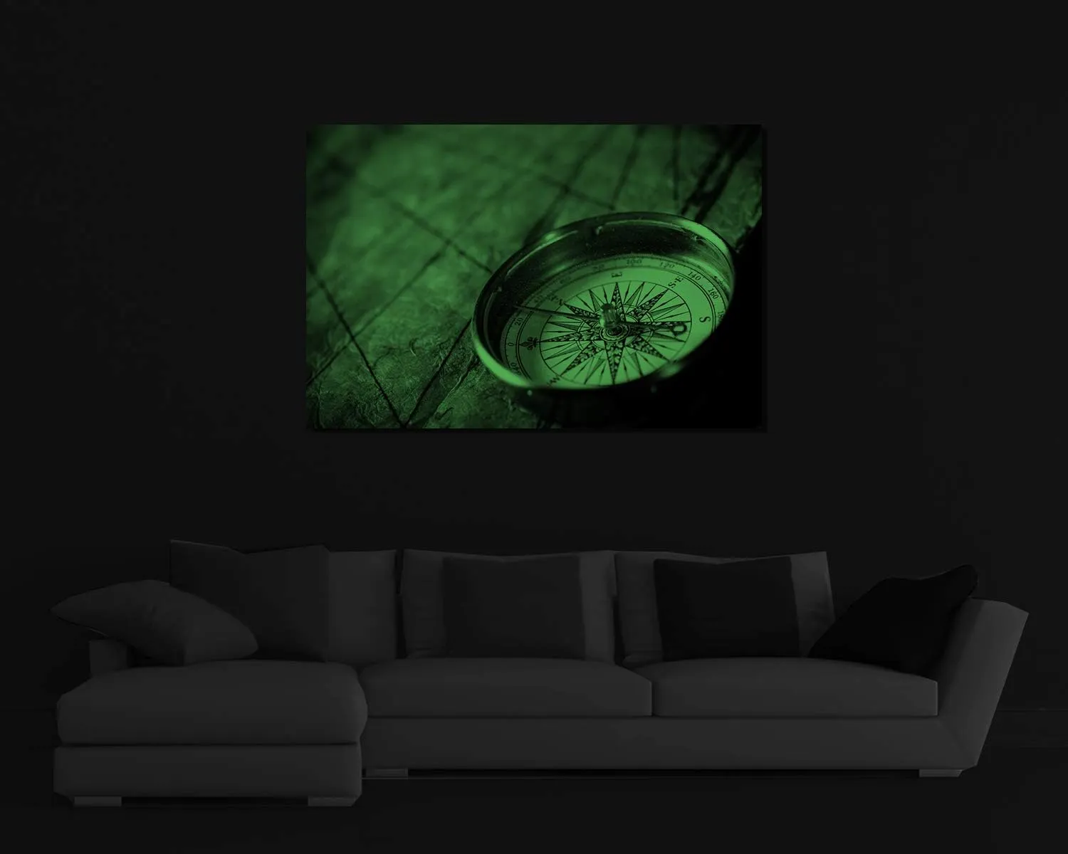 Picture Sensations® Framed Glow in the Dark | Canvas Art Print | Compass Ocean Sailing | World Map | Vintage Map | Ready to Hang | 1-Panel Painting | 36"x24"