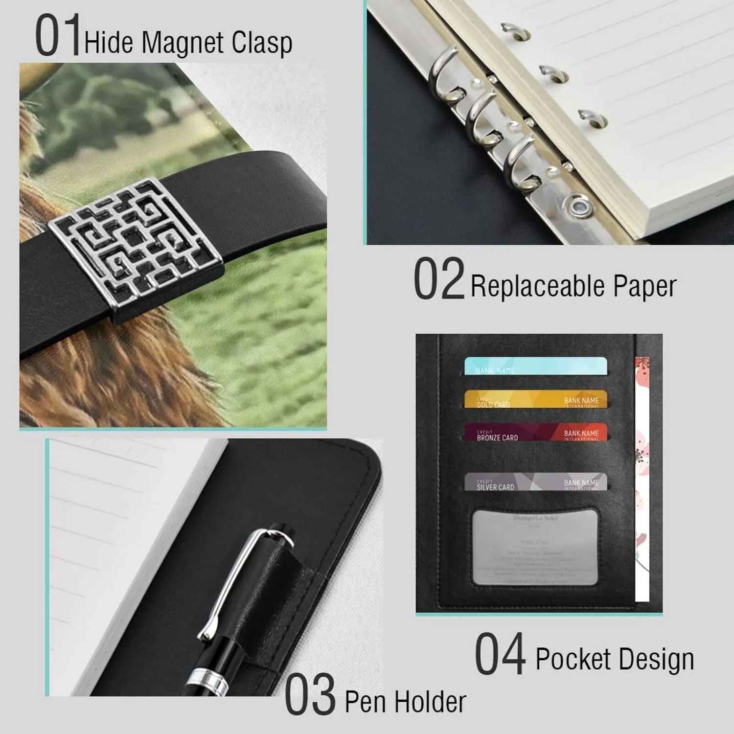 Plain Highland Cow A5 Binder 6 Ring Refillable PU Leather Notebook Journal with Magnetic Buckle Closure Loose Leaf Travel Office Planner Budget Binder Notepad Portfolio, Funny