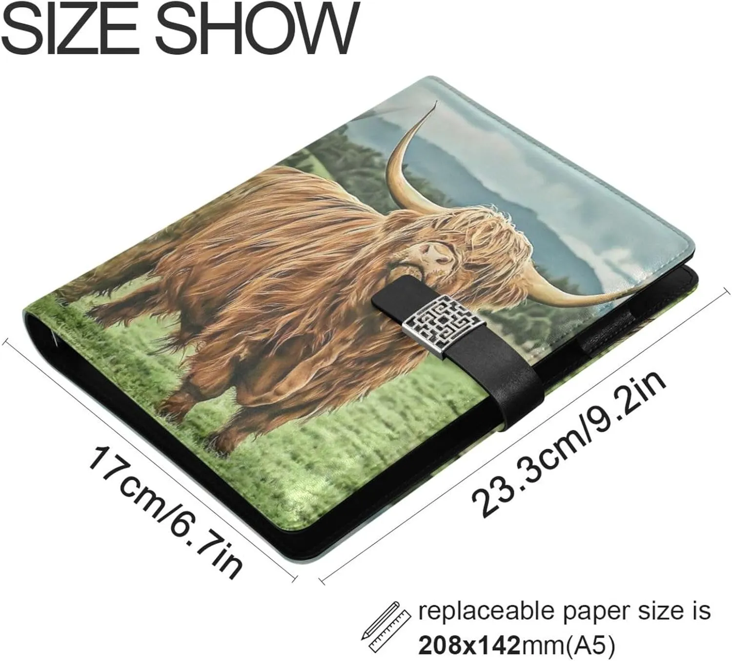 Plain Highland Cow A5 Binder 6 Ring Refillable PU Leather Notebook Journal with Magnetic Buckle Closure Loose Leaf Travel Office Planner Budget Binder Notepad Portfolio, Funny