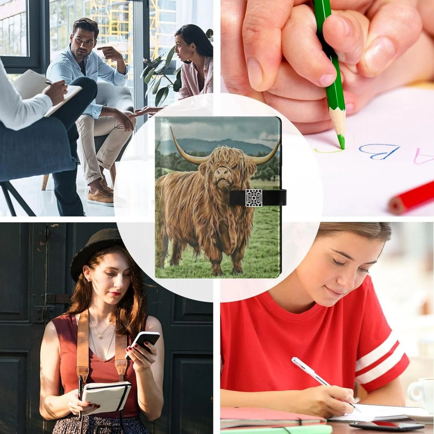 Plain Highland Cow A5 Binder 6 Ring Refillable PU Leather Notebook Journal with Magnetic Buckle Closure Loose Leaf Travel Office Planner Budget Binder Notepad Portfolio, Funny