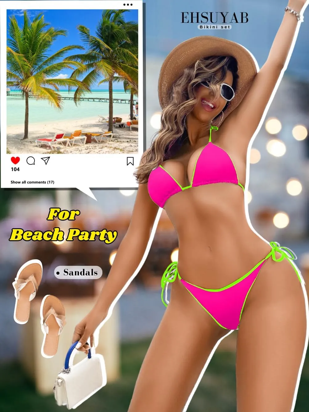 Pool Party Glitter Bikini, Neon Strap, Padded 2Pc Swimsuit Boudoir Shoot
