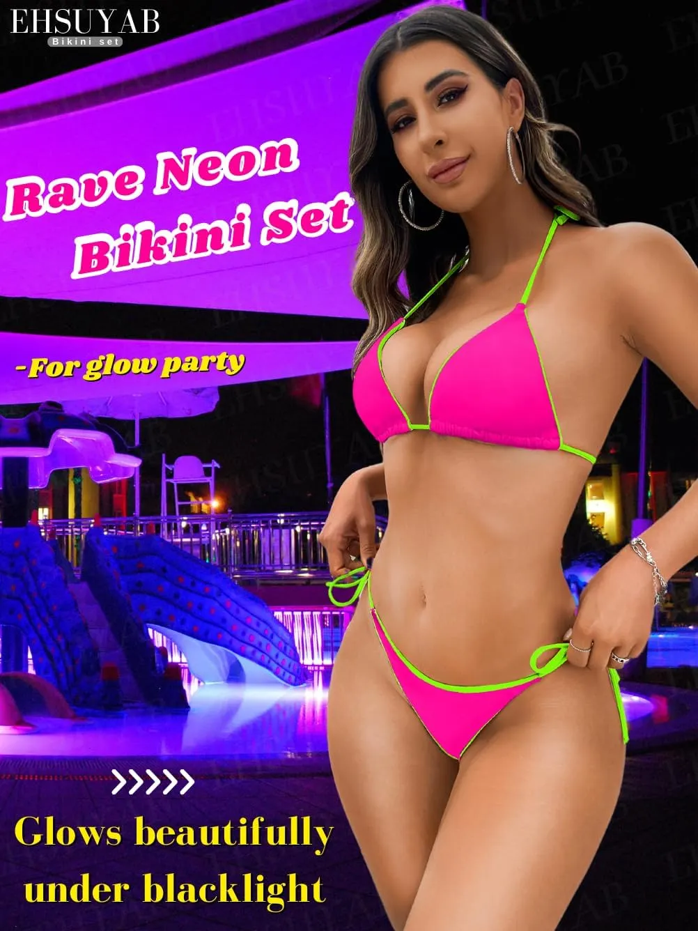 Pool Party Glitter Bikini, Neon Strap, Padded 2Pc Swimsuit Boudoir Shoot