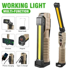 Portable LED Flashlight COB Work Light, Rechargeable Type C, Magnetic Base, Emergency Outdoor Camping Lantern