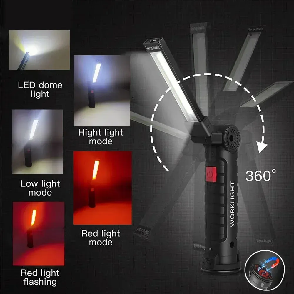 Portable Magnetic Work Light USB Rechargeable LED Flashlight for Camping and Emergency Repair with Hook