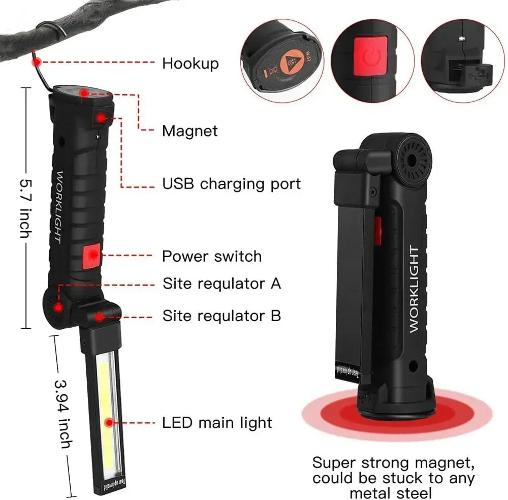 Portable Magnetic Work Light USB Rechargeable LED Flashlight for Camping and Emergency Repair with Hook