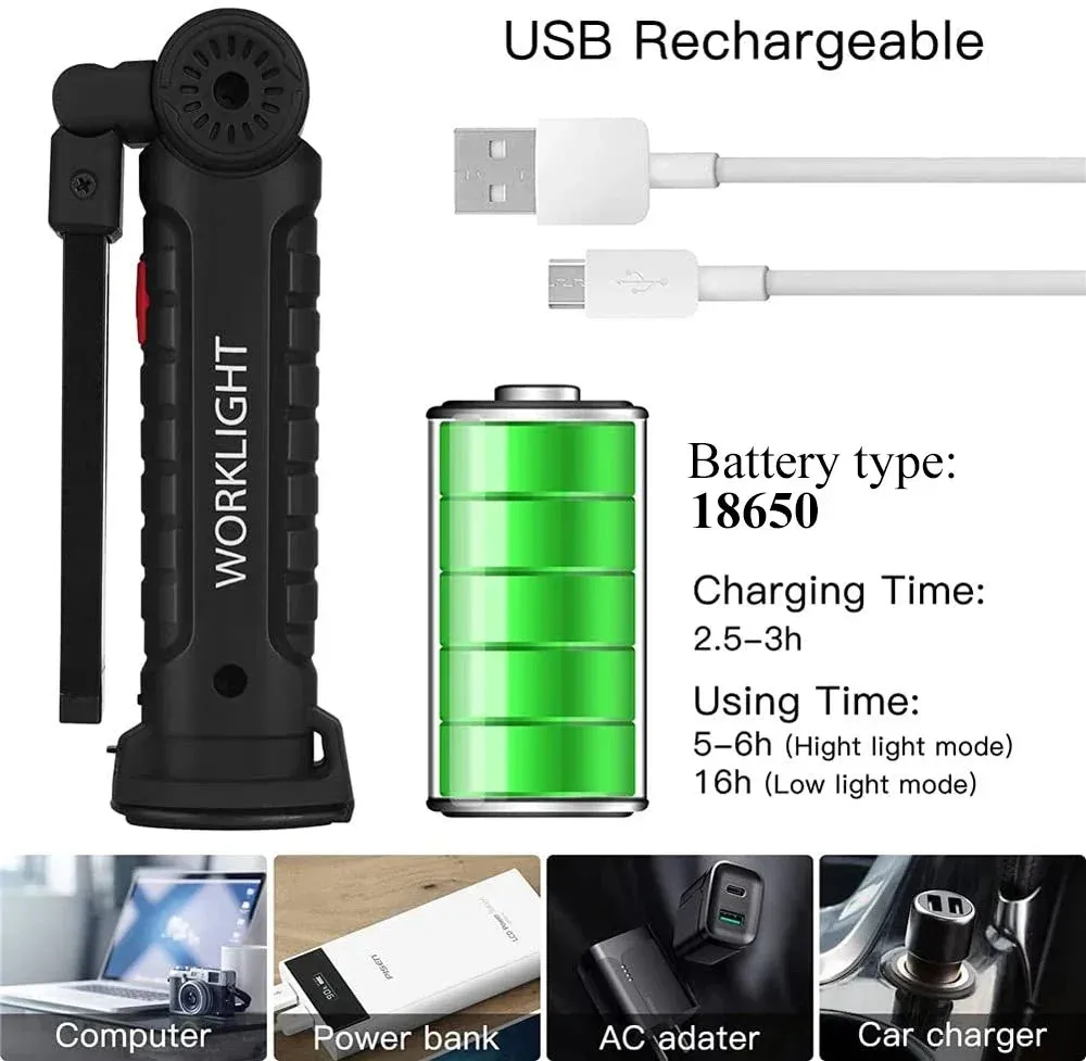 Portable Magnetic Work Light USB Rechargeable LED Flashlight for Camping and Emergency Repair with Hook