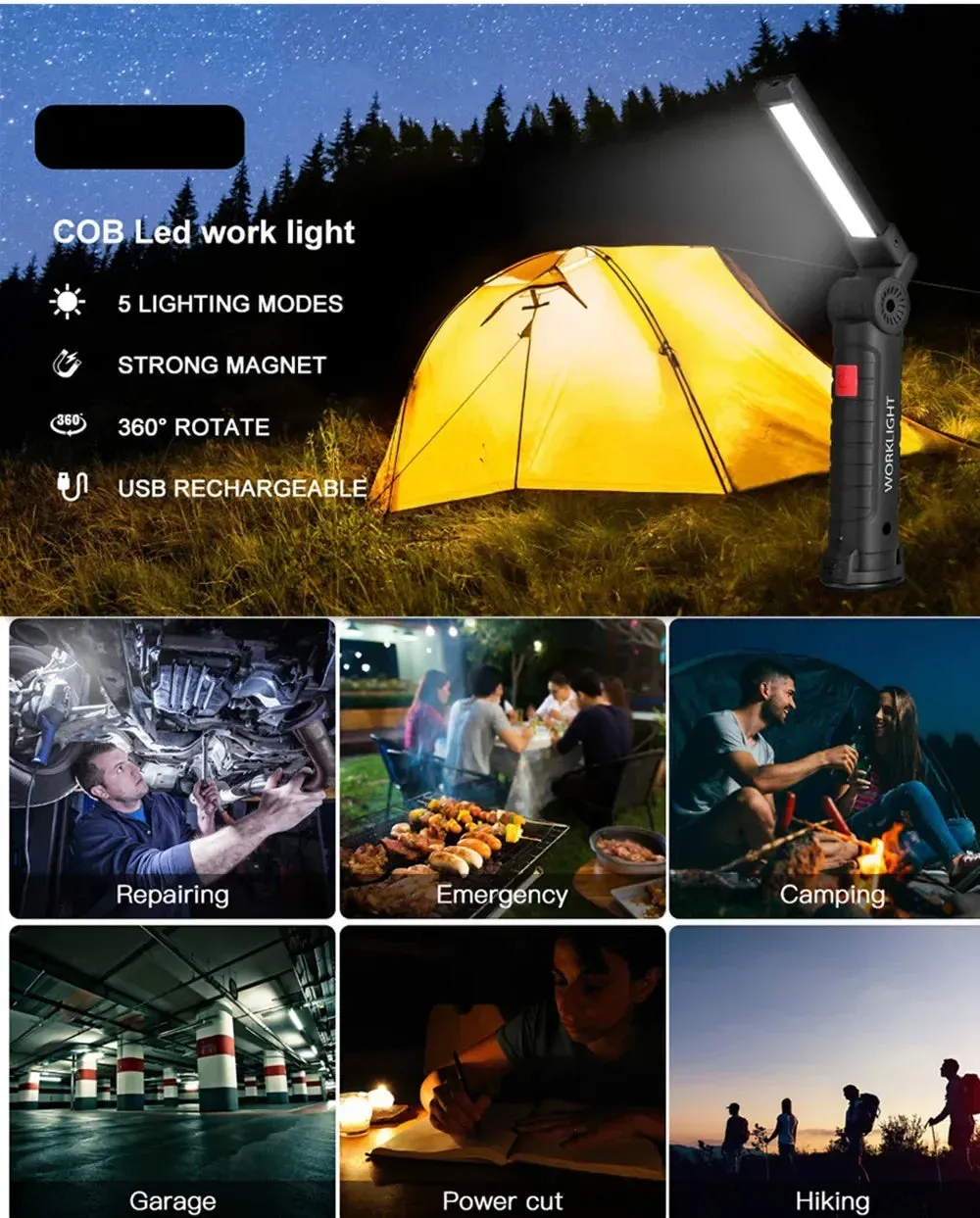 Portable Magnetic Work Light USB Rechargeable LED Flashlight for Camping and Emergency Repair with Hook