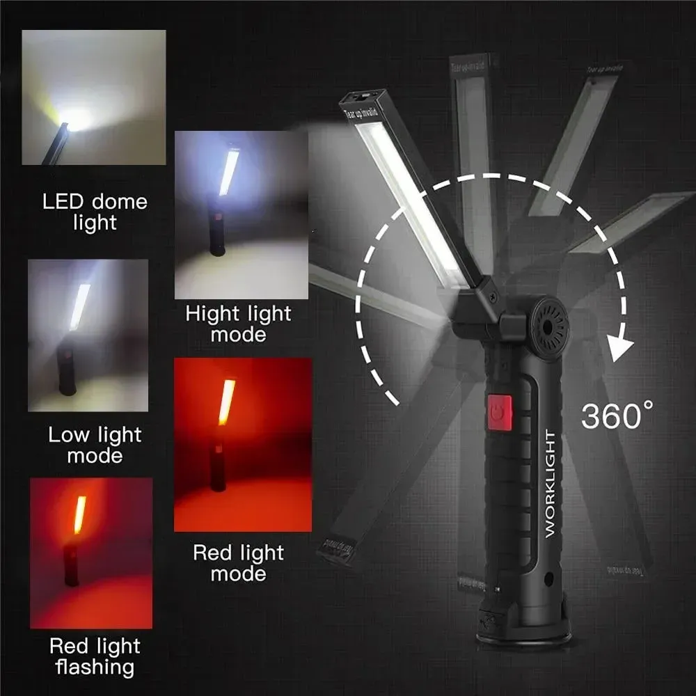 Portable Magnetic Work Light USB Rechargeable LED Flashlight for Camping and Emergency Repair with Hook