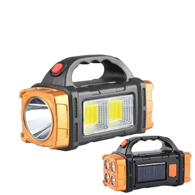 Portable USB Rechargeable Flashlight Solar LED Light with COB Work Light - 4 Gear Charge, Mobile Phone Charging, Camping Lamp