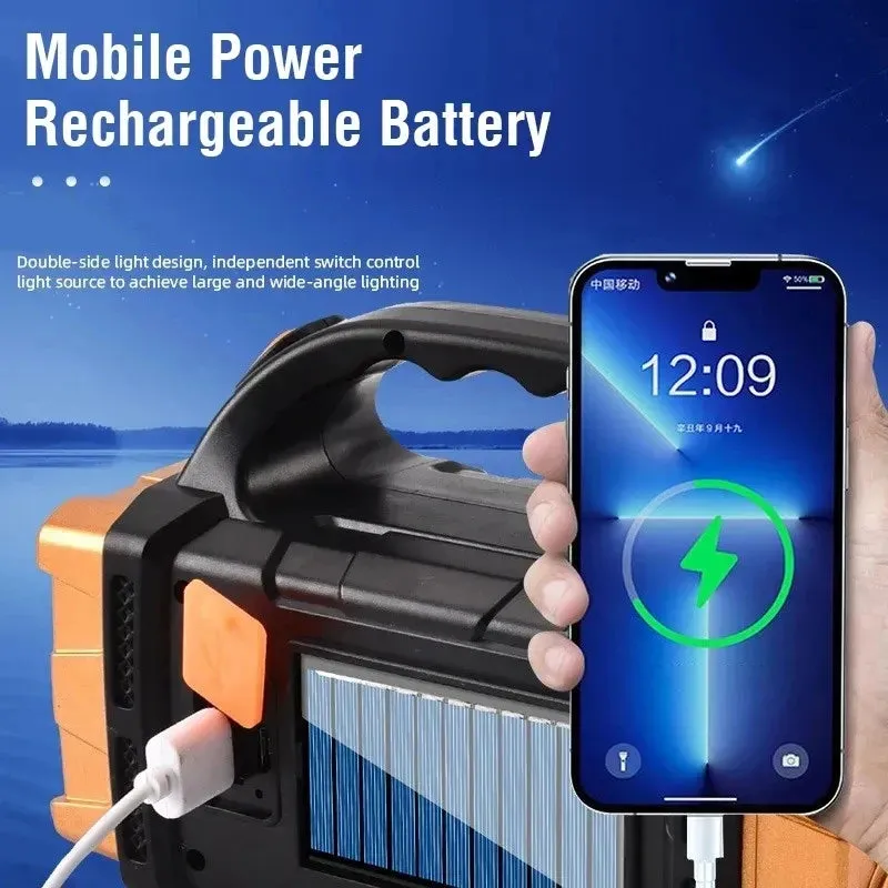 Portable USB Rechargeable Flashlight Solar LED Light with COB Work Light - 4 Gear Charge, Mobile Phone Charging, Camping Lamp