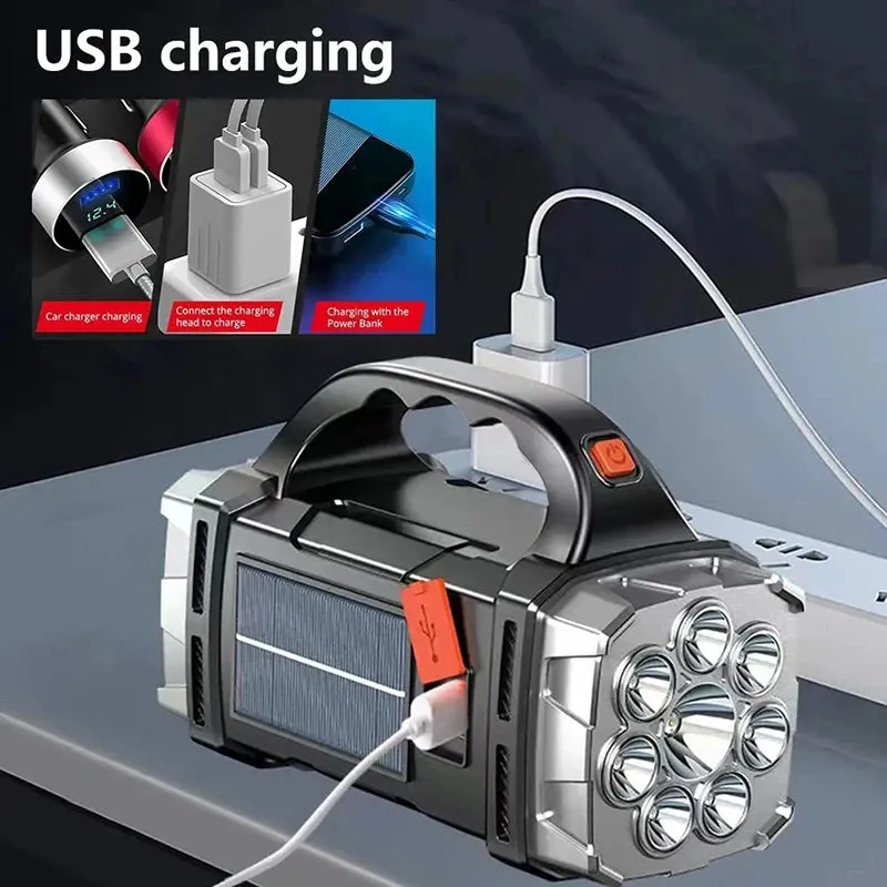 Portable USB Rechargeable Flashlight Solar LED Light with COB Work Light - 4 Gear Charge, Mobile Phone Charging, Camping Lamp