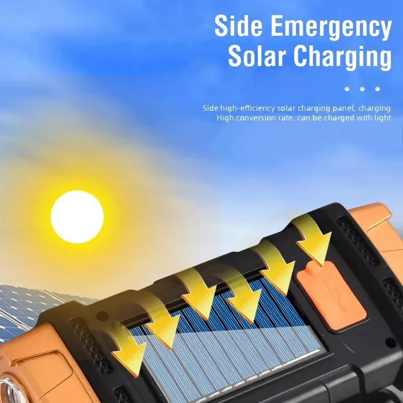 Portable USB Rechargeable Flashlight Solar LED Light with COB Work Light - 4 Gear Charge, Mobile Phone Charging, Camping Lamp