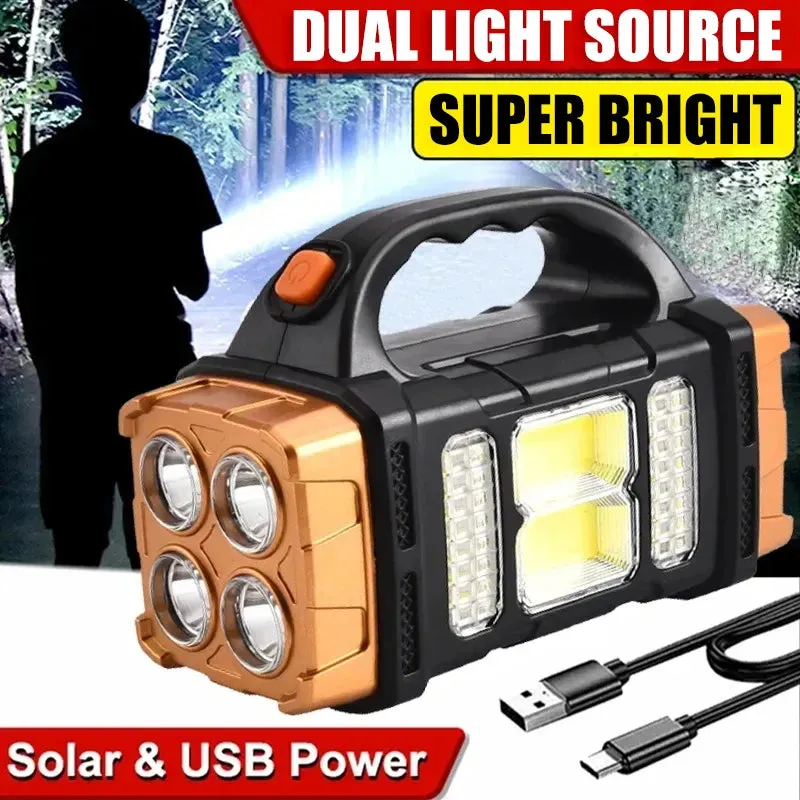 Portable USB Rechargeable Flashlight Solar LED Light with COB Work Light - 4 Gear Charge, Mobile Phone Charging, Camping Lamp