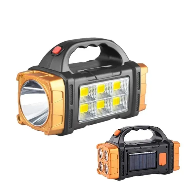 Portable USB Rechargeable Flashlight Solar LED Light with COB Work Light - 4 Gear Charge, Mobile Phone Charging, Camping Lamp