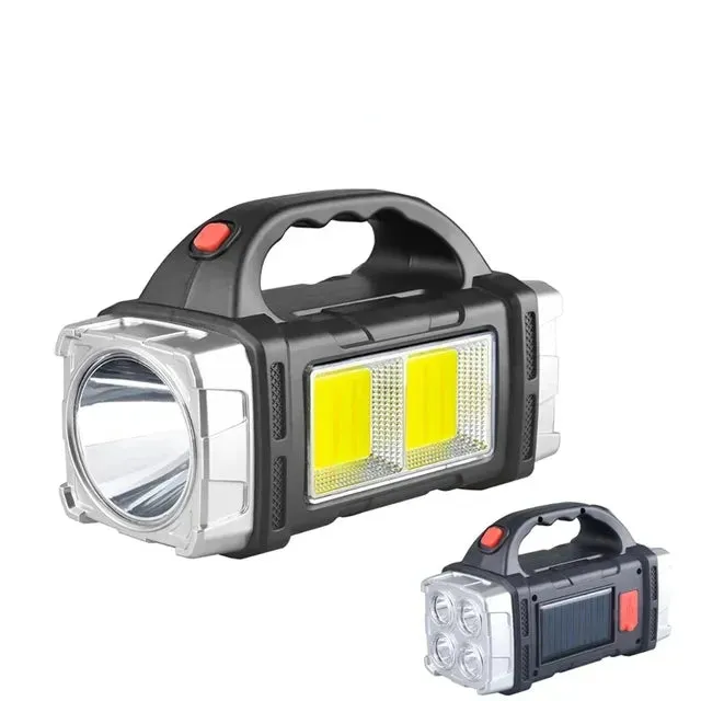 Portable USB Rechargeable Flashlight Solar LED Light with COB Work Light - 4 Gear Charge, Mobile Phone Charging, Camping Lamp