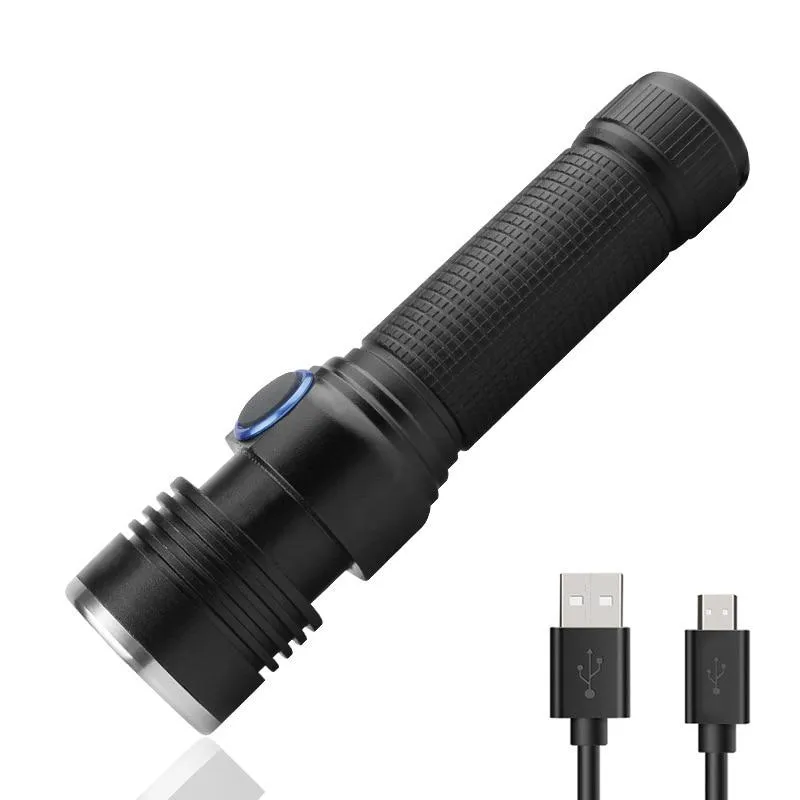 Portable XML-T6 LED Flashlight USB Rechargeable LED Torch Zoomable Flashlight 4 Mode Light for 18650 Battery with Usb Charger