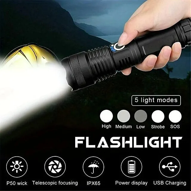 Powerful Flashlight USB Rechargeable Zoomable Waterproof XHP70 Tactical Flashlight Super Bright 5 Modes LED Searchlight  Flashlight Zoom Bar Torch for Hiking Hunting Camping Outdoor Sport