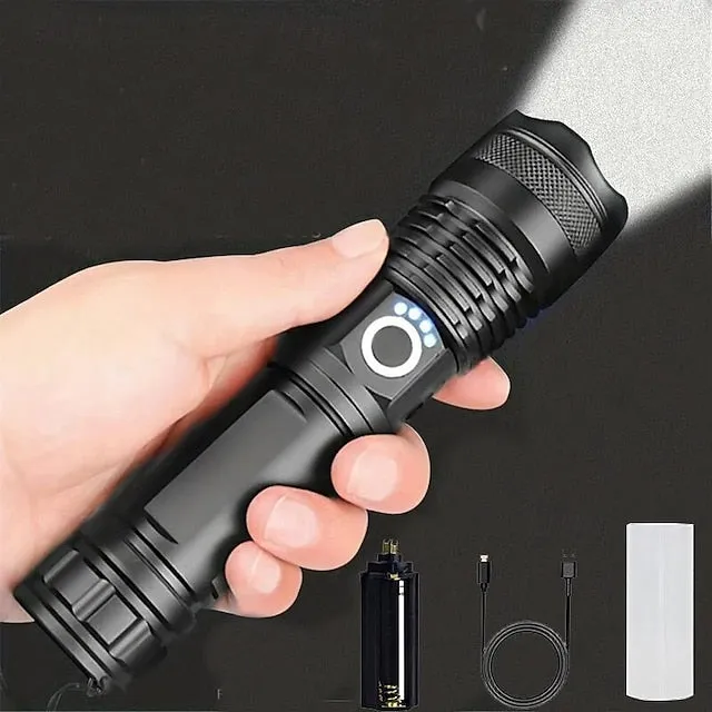 Powerful Flashlight USB Rechargeable Zoomable Waterproof XHP70 Tactical Flashlight Super Bright 5 Modes LED Searchlight  Flashlight Zoom Bar Torch for Hiking Hunting Camping Outdoor Sport
