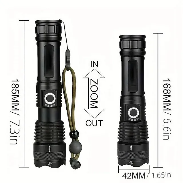 Powerful Flashlight USB Rechargeable Zoomable Waterproof XHP70 Tactical Flashlight Super Bright 5 Modes LED Searchlight  Flashlight Zoom Bar Torch for Hiking Hunting Camping Outdoor Sport