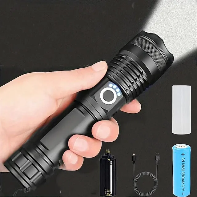 Powerful Flashlight USB Rechargeable Zoomable Waterproof XHP70 Tactical Flashlight Super Bright 5 Modes LED Searchlight  Flashlight Zoom Bar Torch for Hiking Hunting Camping Outdoor Sport