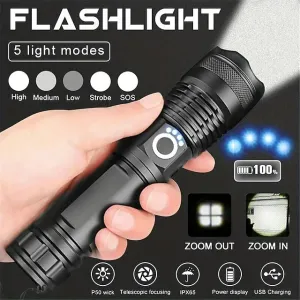 Powerful Flashlight USB Rechargeable Zoomable Waterproof XHP70 Tactical Flashlight Super Bright 5 Modes LED Searchlight  Flashlight Zoom Bar Torch for Hiking Hunting Camping Outdoor Sport