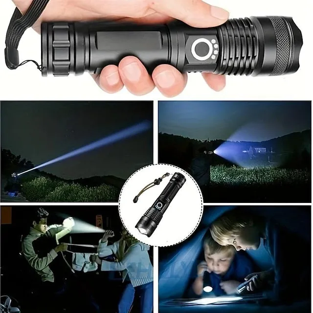 Powerful Flashlight USB Rechargeable Zoomable Waterproof XHP70 Tactical Flashlight Super Bright 5 Modes LED Searchlight  Flashlight Zoom Bar Torch for Hiking Hunting Camping Outdoor Sport
