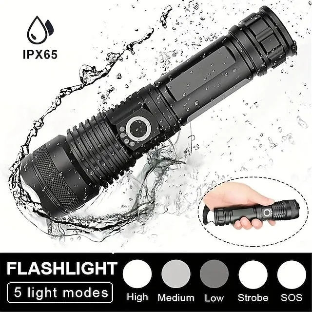 Powerful Flashlight USB Rechargeable Zoomable Waterproof XHP70 Tactical Flashlight Super Bright 5 Modes LED Searchlight  Flashlight Zoom Bar Torch for Hiking Hunting Camping Outdoor Sport