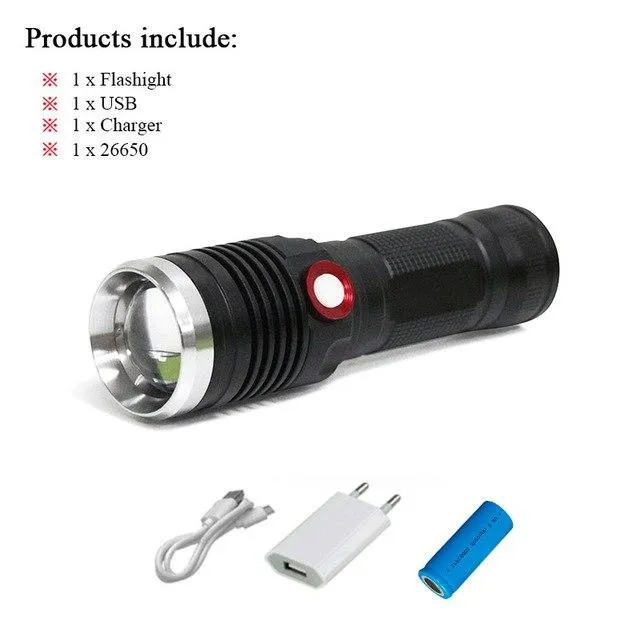 Powerful LED flashlight USB rechargeable 18650 or 26650 battery zoomable waterproof xml t6 or l2 flash lights led torch lanterna