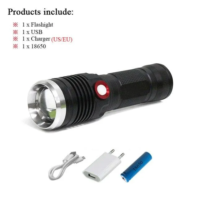 Powerful LED flashlight USB rechargeable 18650 or 26650 battery zoomable waterproof xml t6 or l2 flash lights led torch lanterna