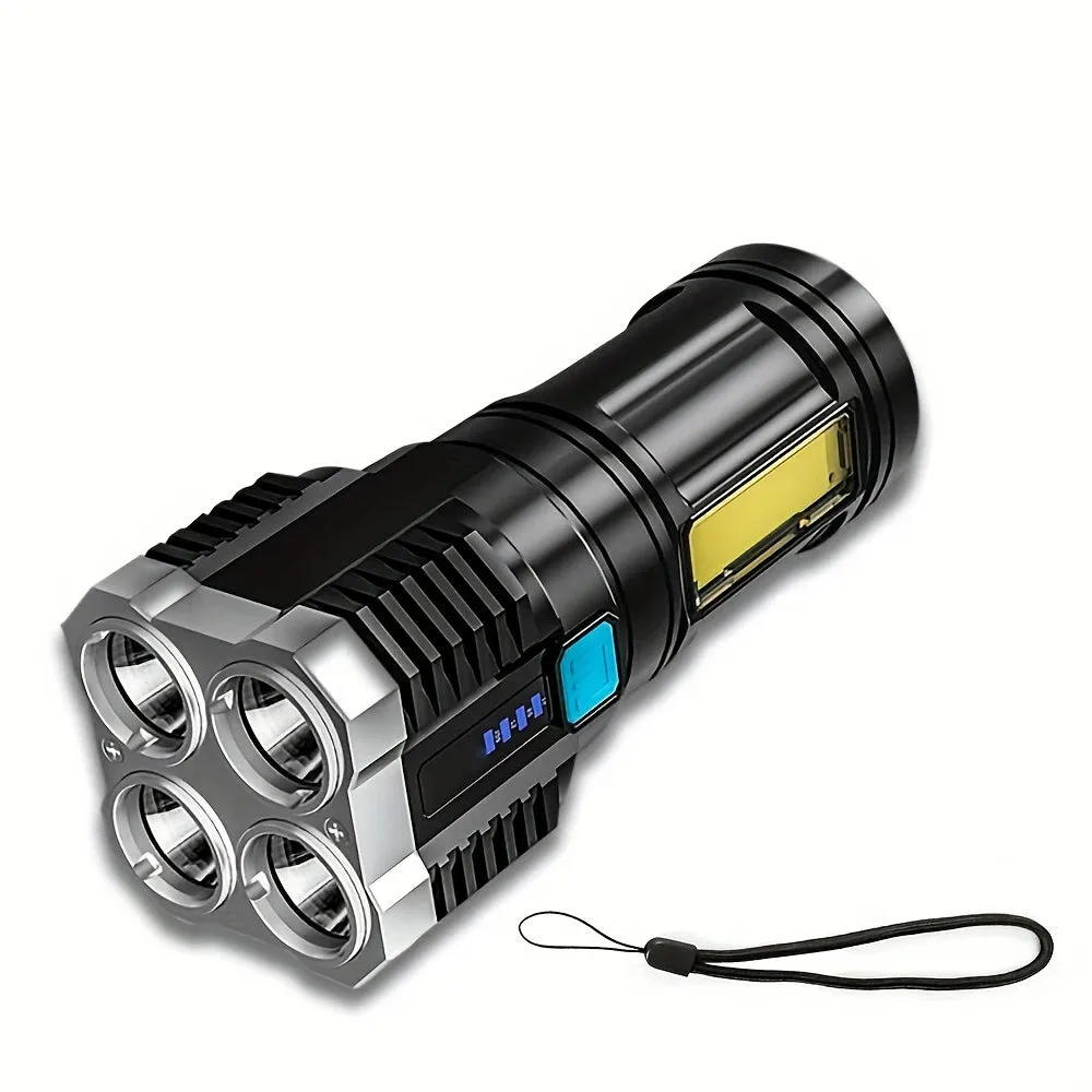Powerful Portable 4 LED Flashlight with COB Side Light - 4 Modes USB Rechargeable LED Torch for Outdoor Camping