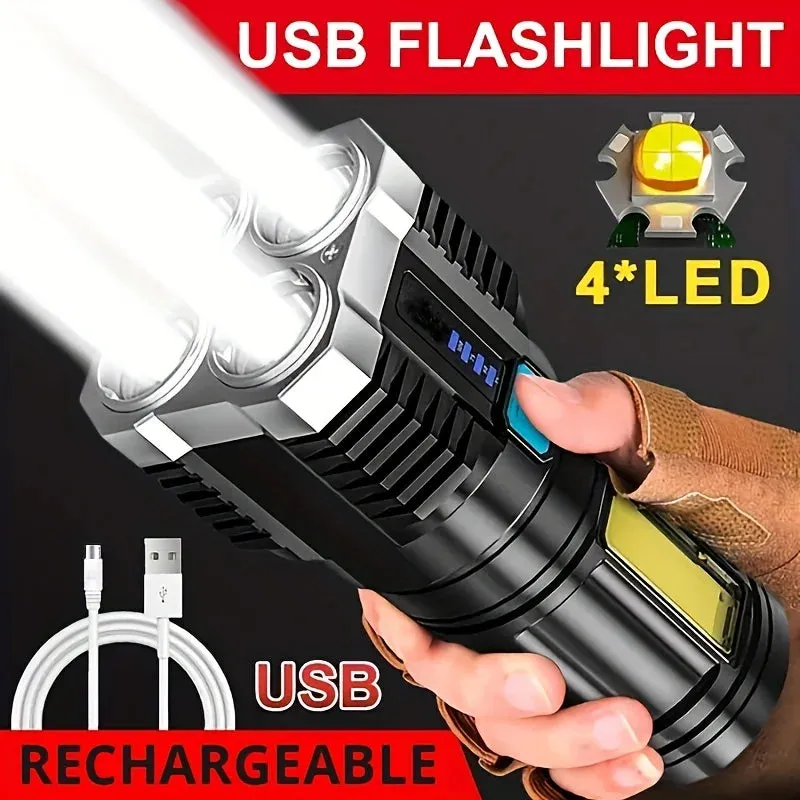 Powerful Portable 4 LED Flashlight with COB Side Light - 4 Modes USB Rechargeable LED Torch for Outdoor Camping