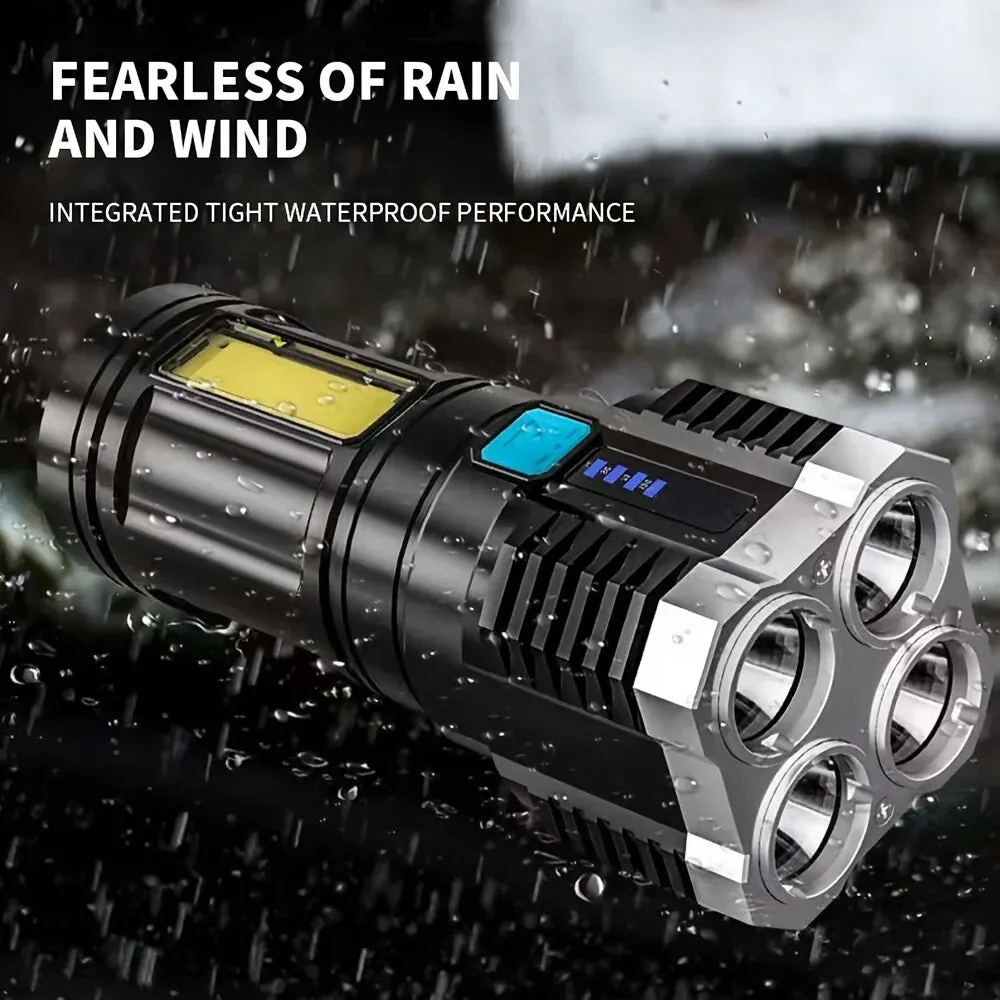 Powerful Portable 4 LED Flashlight with COB Side Light - 4 Modes USB Rechargeable LED Torch for Outdoor Camping