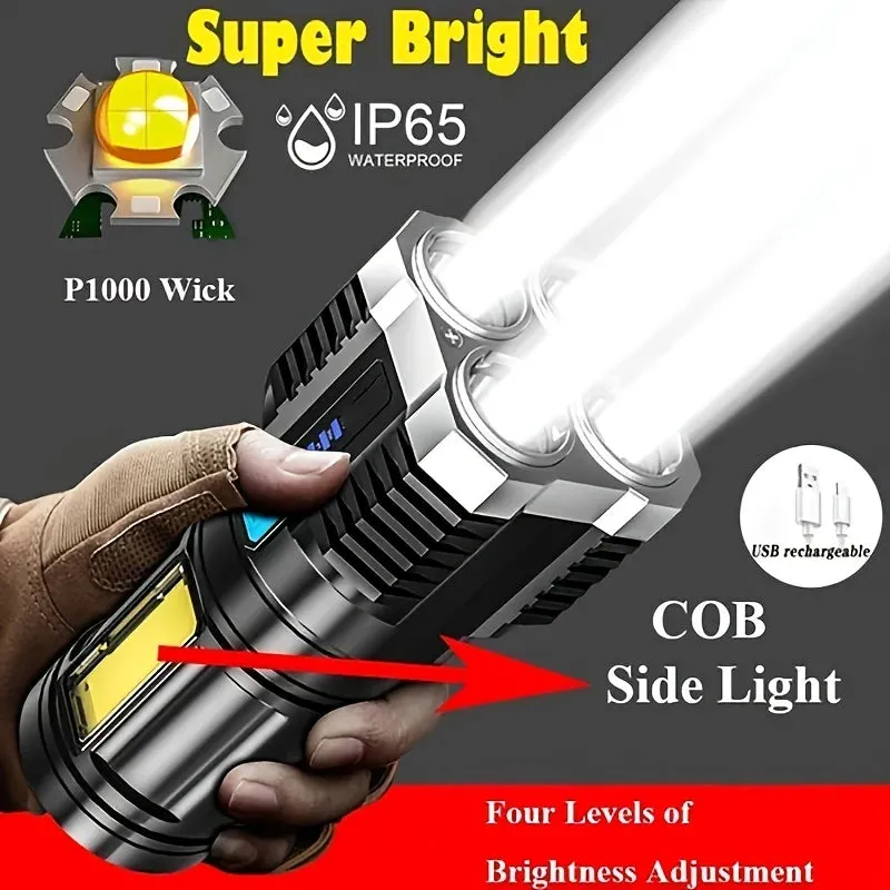 Powerful Portable 4 LED Flashlight with COB Side Light - 4 Modes USB Rechargeable LED Torch for Outdoor Camping
