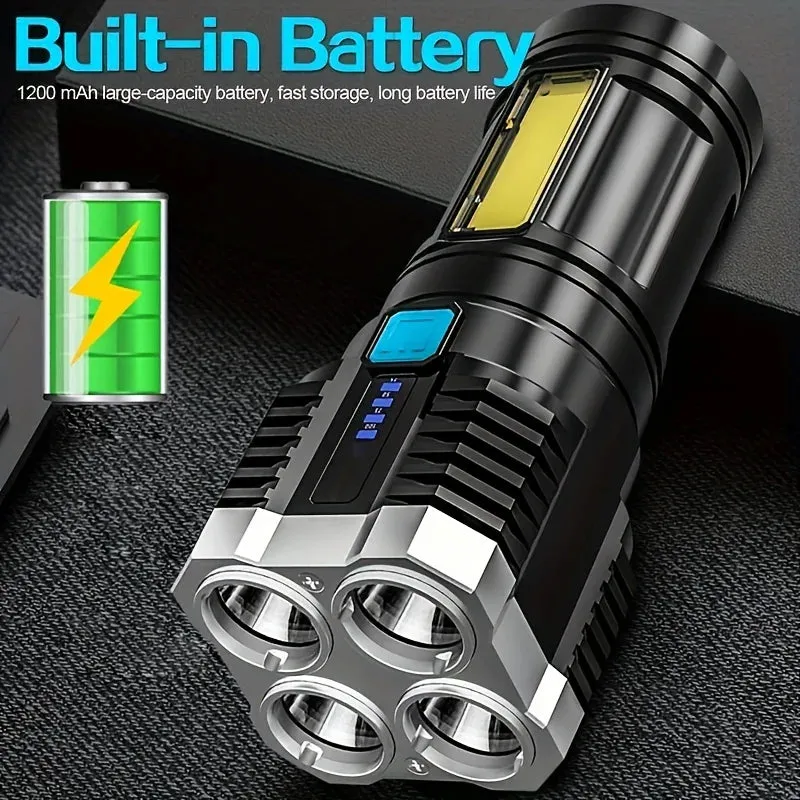 Powerful Portable 4 LED Flashlight with COB Side Light - 4 Modes USB Rechargeable LED Torch for Outdoor Camping