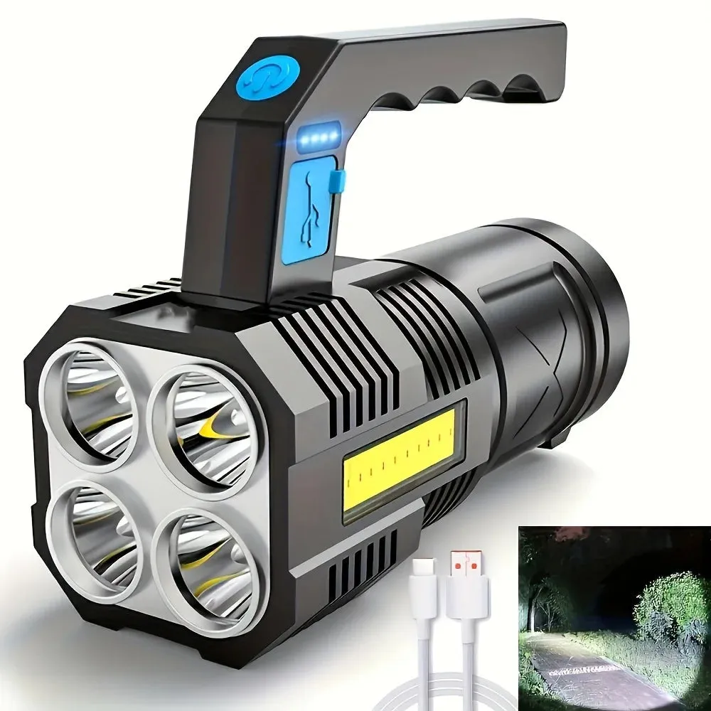 Powerful Portable 4 LED Flashlight with COB Side Light - 4 Modes USB Rechargeable LED Torch for Outdoor Camping
