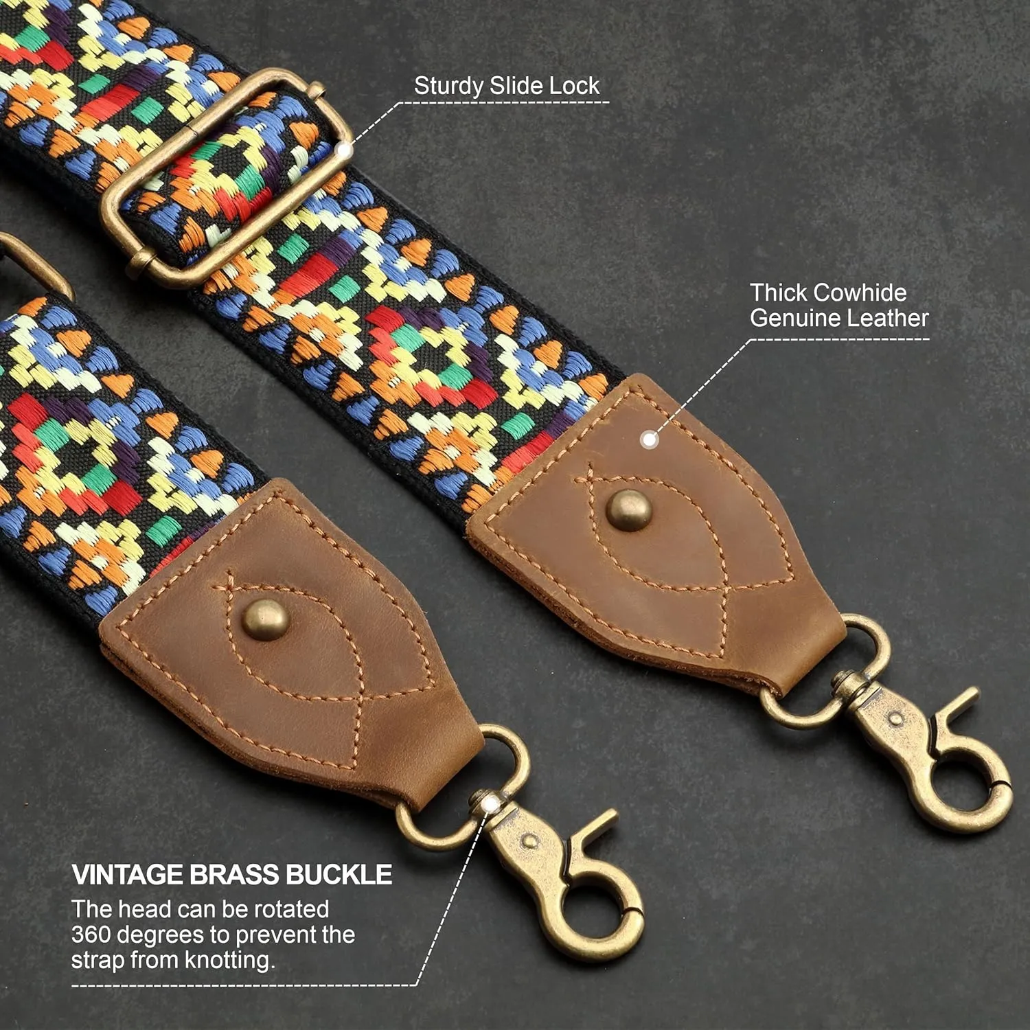Purse Strap-2"Crazy Horse Leather Wide Shoulder Strap Adjustable Replacement,Jacquard Embroidery Bag Straps