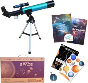 Qurious Space Kid's Explorer Telescope Gift Kit w Eco Case 1650 | Children & Astronomy Beginners | Moon Telescope | Tabletop Tripod | Compass | Glow-in-The-dark stickers | Science Education