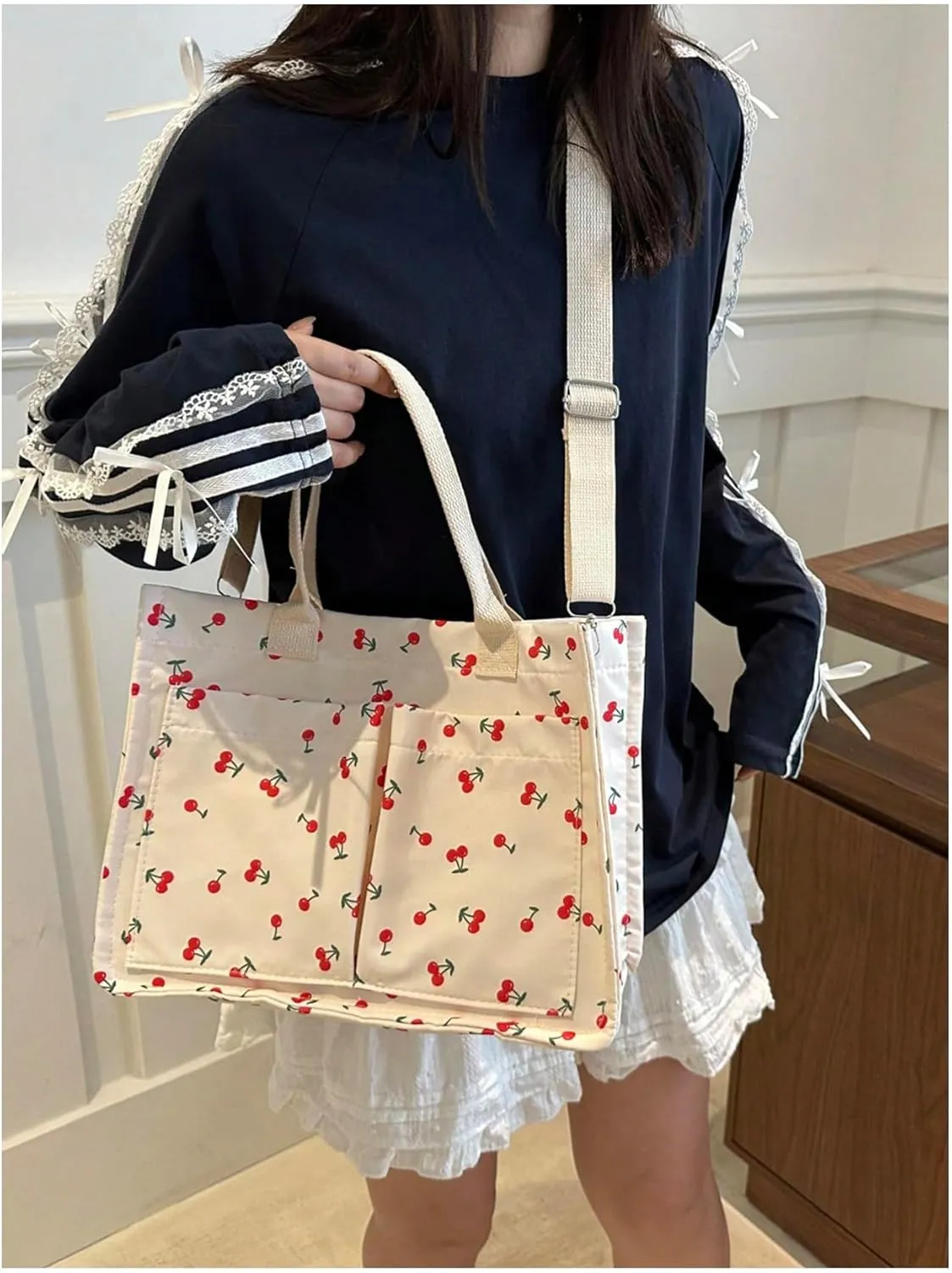 QWINEE Women's Cute Strawberry Tote Bag Double Handle Large Capacity Handbag with Adjustable Strap
