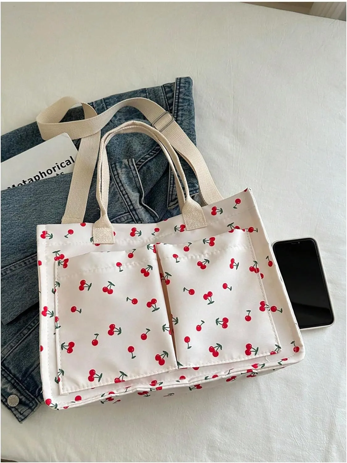 QWINEE Women's Cute Strawberry Tote Bag Double Handle Large Capacity Handbag with Adjustable Strap
