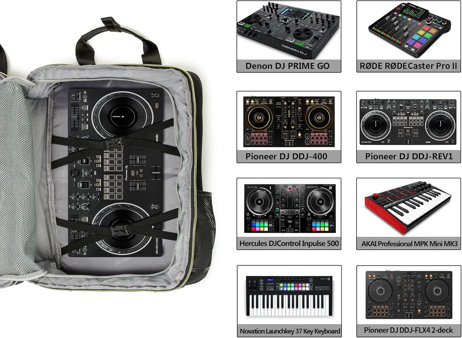 Rabjen DJ Backpack for Club Gigs, DJ Mixer Case Compatible with Pioneer DJ DDJ-REV1, DJ Controller, Novation Launchkey 37 Key Keyboard and More Equipment