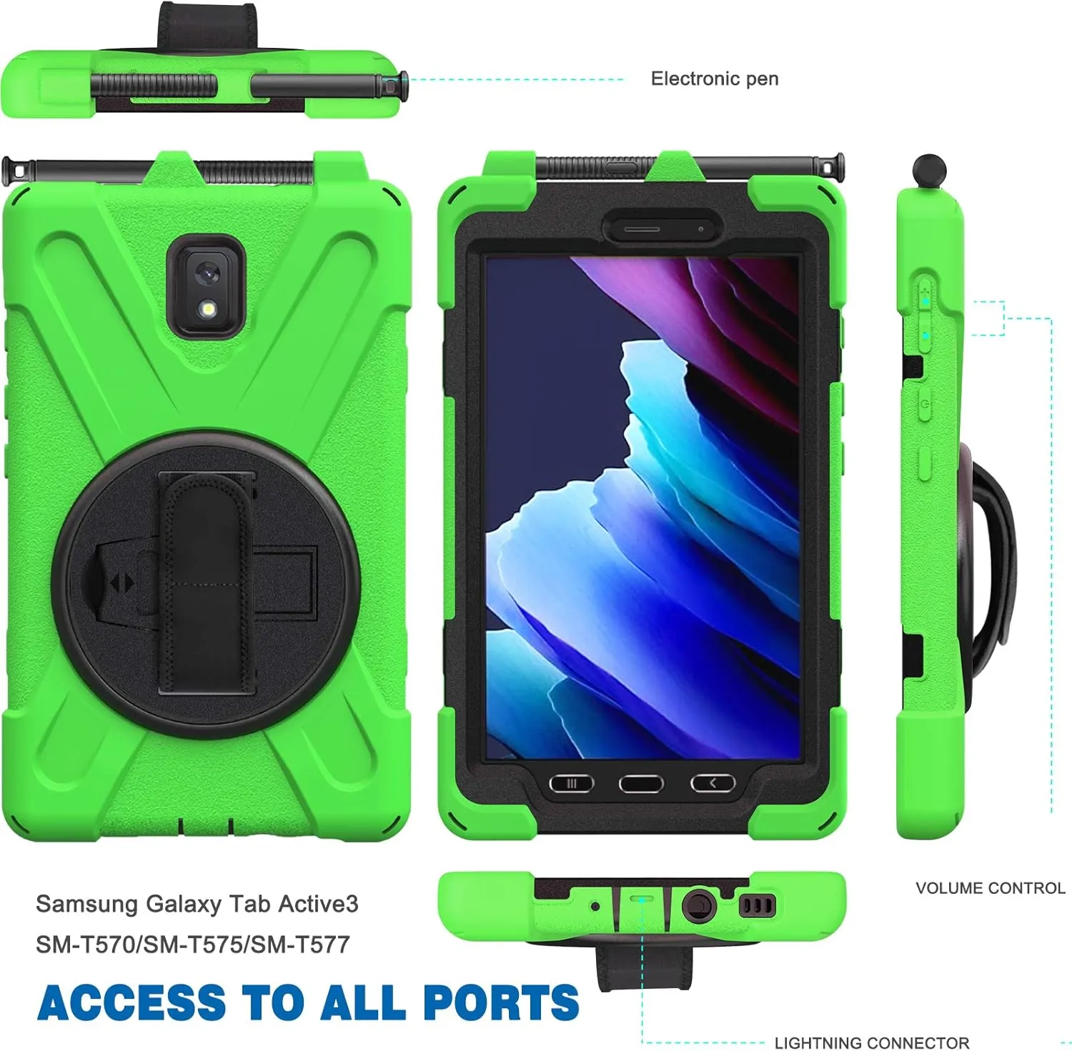 Rantice Samsung Galaxy Tab Active 3 8.0 Case, Heavy Duty Rugged Shockproof Drop Protection Case with 360 Stand, Handle Hand Strap & Shoulder Strap for Galaxy Tab Active3 8" 2020 T570/T575/T577 (Green)