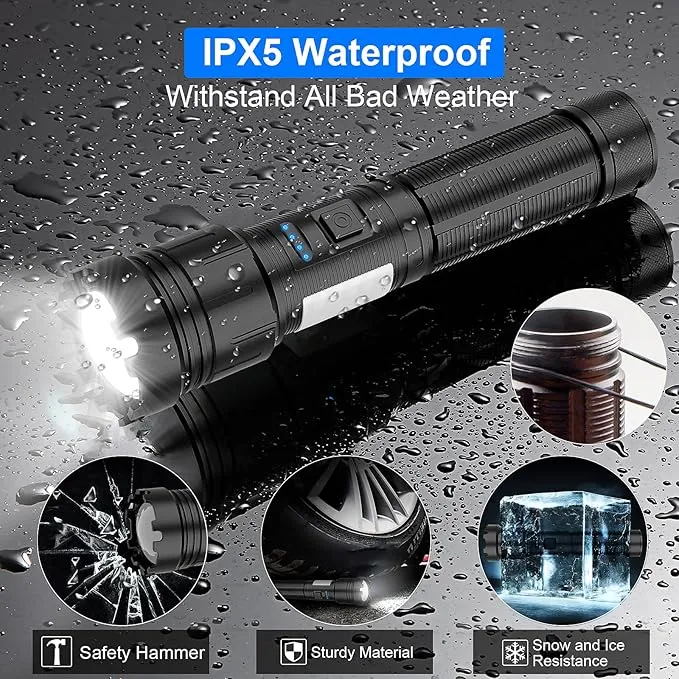 Rechargeable Flashlights High Lumens, 10000LM Powerful Tactical Flashlights, 7 Modes LED Flashlight Adjustable, Brightest Flashlight Waterproof, Handheld Flash Light for Emergencies, Camping, Hiking